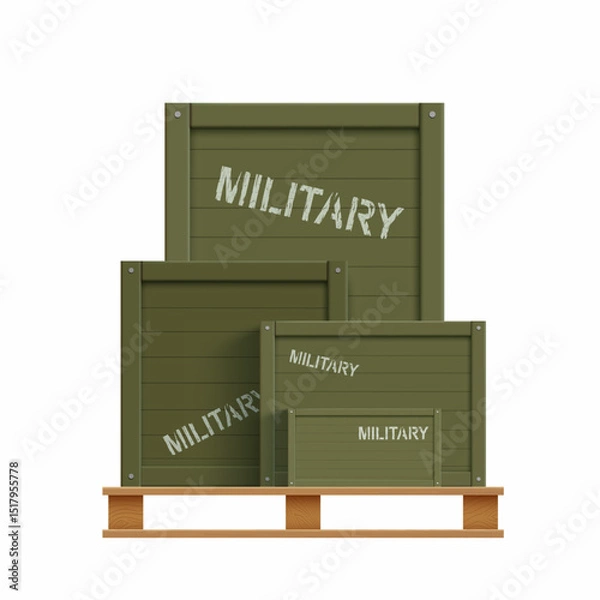 Obraz Military cargo. Green wooden boxes with weapons on a pallet. Isolated on white background.
