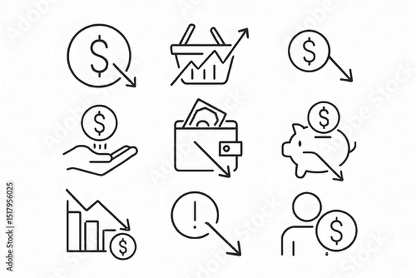 Obraz Decline in Finance: A set of financial icons representing decline, loss, and economic downturn, suitable for business, finance, and economic-related materials. 