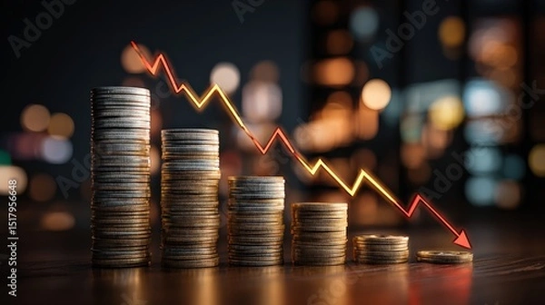 Obraz A declining red arrow crosses stacks of coins, symbolizing financial loss or economic downturn in a blurred city background.