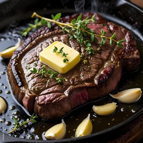 Fototapeta Juicy grilled steak served with herbs and garlic on a hot skillet during a cozy dinner experience