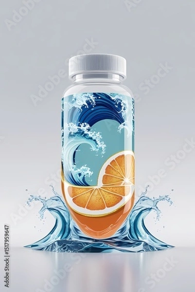 Fototapeta Creative design of a water bottle featuring orange slices and dynamic wave elements in a vibrant composition