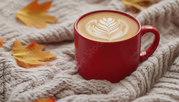 Fototapeta Red ceramic coffee mug on white wool blanket and autumn leaves