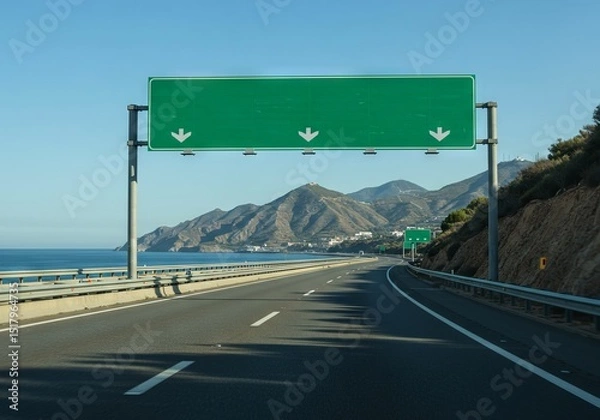 Obraz Empty highway with green road signs and mountains by the seashore