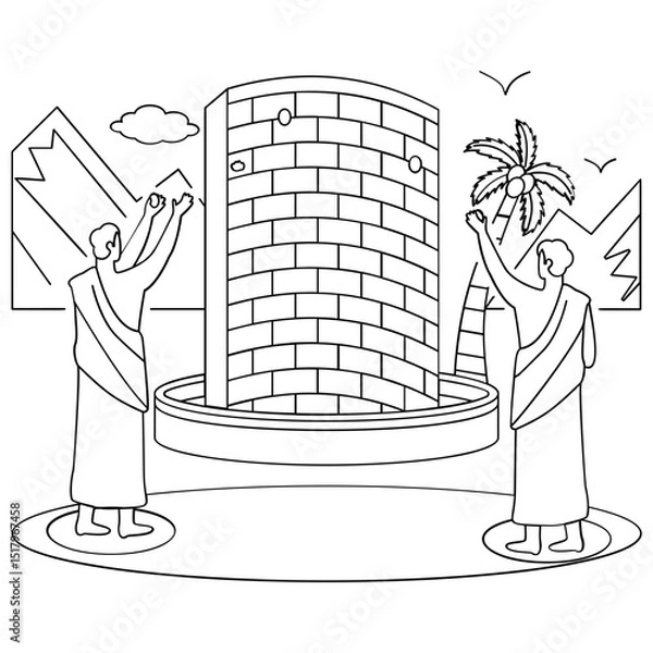Obraz Jamaraat and Haji Stoning of Devil concept,  Muslim Pilgrims Throw Stones at wall vector design, Eid al-Adha sketch, Eid-al-Kabir drawing, Traditional Arabic Muslims Festival stock illustration