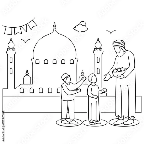 Obraz Arabic Person handing out apples from bowl concept, Gift of Goodness Outside the Mosque vector design, Eid al-Adha sketch Eid-al-Kabir Hajj drawing, Traditional Arab Muslim Festival stock illustration