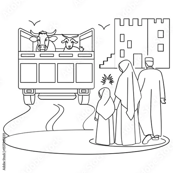 Obraz Family Saying Good Bye to their Mammals concept, Cow and goat Being Transported on Truck vector design, Eid al-Adha sketch, Eid-al-Kabir Hajj drawing, Traditional Arabic Muslims Festival illustration