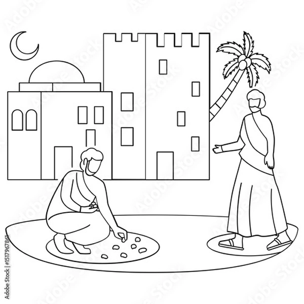 Obraz pilgrims to collect between pebbles from the ground concept, Collecting Stones while wearing ihram vector design, Eid al-Adha sketch Eid-al-Kabir Hajj drawing, Traditional Muslim Festival illustration