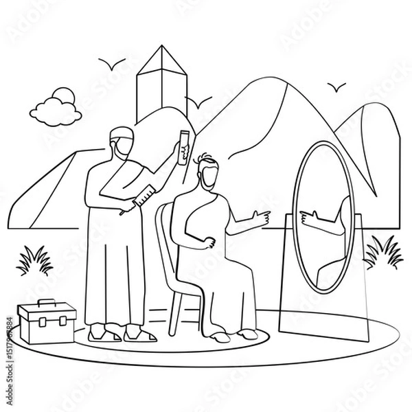 Obraz male pilgrim helper performing the Halq or Taqsir concept, final rites of hajj Shaving head vector design, Eid al-Adha sketch, Eid-al-Kabir Hajj drawing Traditional Arabic Muslim Festival illustration
