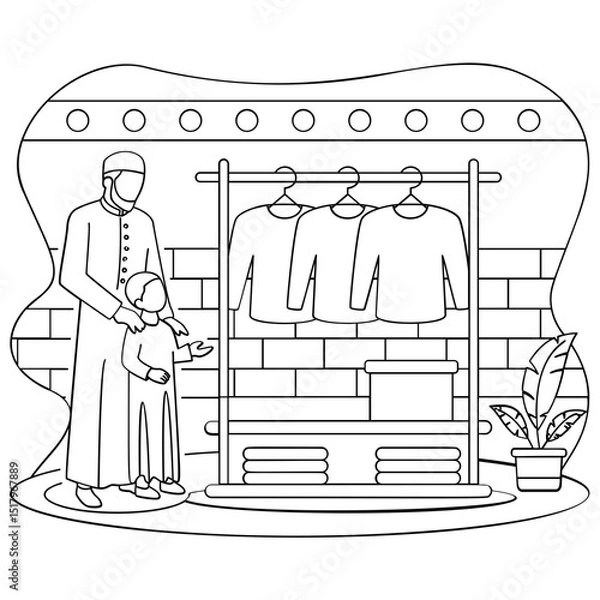 Obraz Saudi Man Taking his Kids for Pre Eid Shopping concept, Donating new or gently used clothing vector design Eid al-Adha sketch Eid-al-Kabir Hajj drawing, Traditional Arabic Muslim Festival illustration