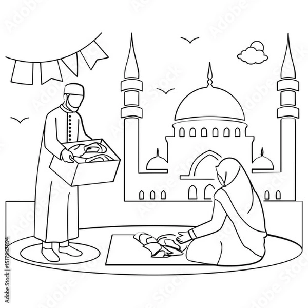Obraz Saudi Man wearing Thawb Holding Meat Box concept Woman in headscarf preparing to distribute vector design, Eid al-Adha sketch Eid-al-Kabir Hajj drawing, Traditional Arabic Muslim Festival illustration