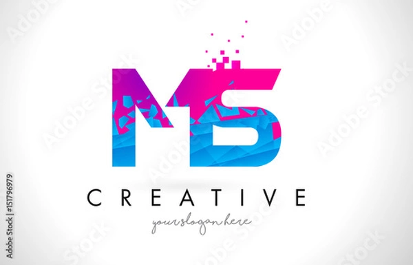 Fototapeta MS M S Letter Logo with Shattered Broken Blue Pink Texture Design Vector.