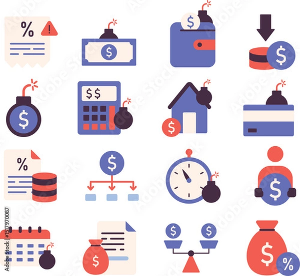 Obraz Debt illustration set. Includes of loan, finance, credit, money, overdue, bill, interest, bankruptcy, and More. Vector flat color collection