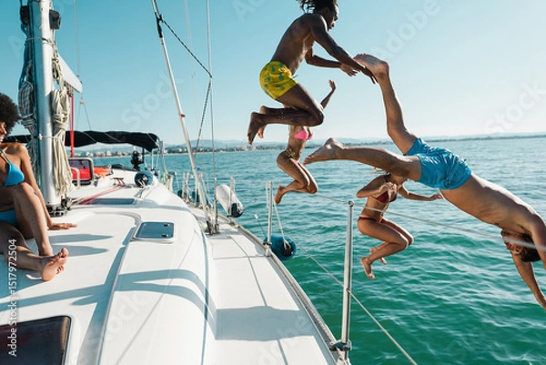 Obraz Happy multiracial friends jumping inside the ocean during summer vacation - Holidays and travel concept - Main focus on right man body
