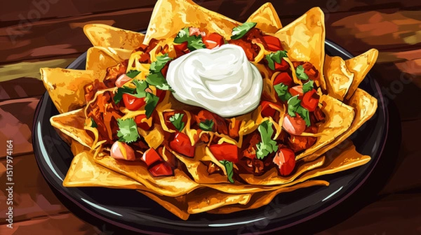 Fototapeta Cheesy nachos with sour cream illustrated on a plate in a food-themed artwork.

