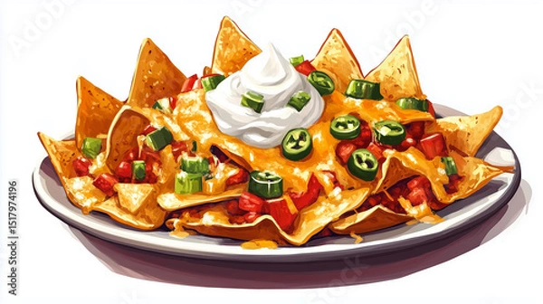 Fototapeta Illustration of nachos served on a plate, topped with melted cheese and a dollop of sour cream.

