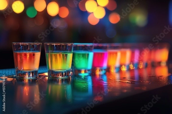 Fototapeta Vibrant photo of colorful cocktail shots lined up on bar counter, highlighted by dramatic lighting and soft focus bar lights in background