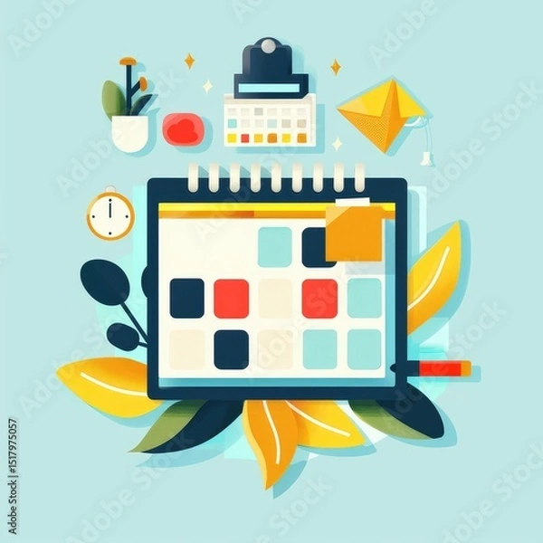 Fototapeta Flat design illustration of post scheduler calendar with colorful content blocks, representing digital planning, social media management, and content strategy. AI generated illustration.