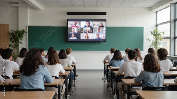 Fototapeta In modern classroom, students are engaged virtual learning session, attentively watching screen displaying multiple participants. atmosphere