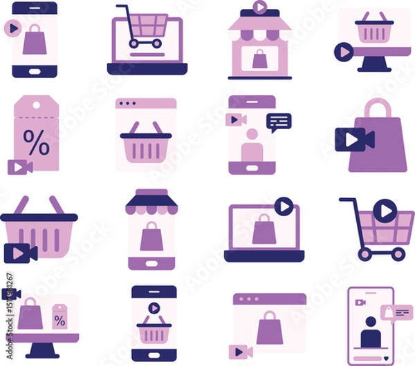 Obraz Live Shopping illustration set. Includes of sale, discount, broadcast, mobile shopping, digital shopping, shop now, and More. Vector flat color collection