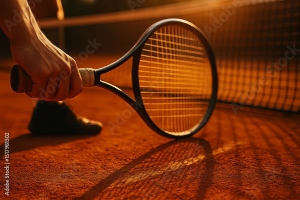 Obraz A close-up image of a clay tennis court that captures the atmosphere of the game with vivid detail. The warm, earthy tones of the terracotta surface, combined with elements like a racket, a tennis net