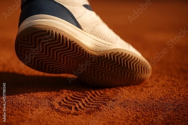 Obraz A close-up image of a clay tennis court that captures the atmosphere of the game with vivid detail. The warm, earthy tones of the terracotta surface, combined with elements like a racket, a tennis net