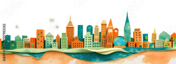 Fototapeta Watercolor Style Vector Illustration of a Beautiful City Park with Skyscrapers in the Background on a Spring Day.