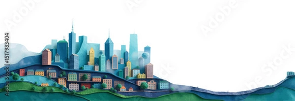 Fototapeta Watercolor Style Vector Illustration of a Beautiful City Park with Skyscrapers in the Background on a Spring Day.