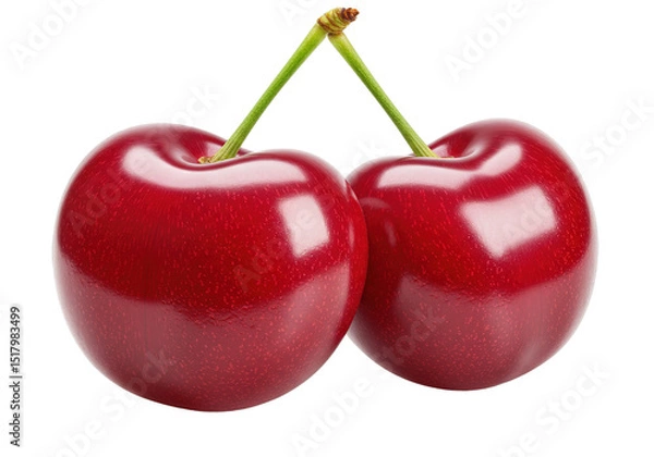Fototapeta Two red cherries with green stems are isolated against a black background.