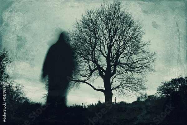Fototapeta Looking up at spooky ghost blurred figure. Standing by a tree on a winters day. With a dark blurred grunge edit.