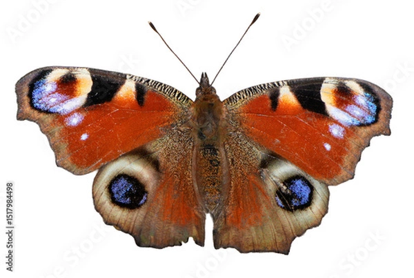 Fototapeta Colorful Peacock Butterfly (Aglais io) with eye spots on its wings, white background