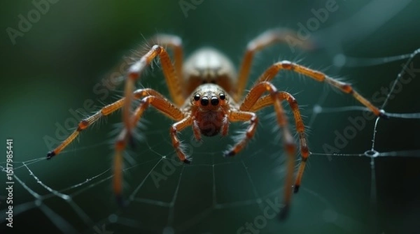 Obraz Close-up of spider on web with green background.