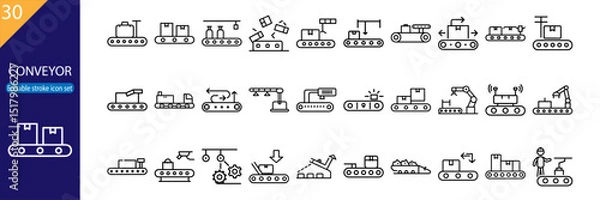 Fototapeta Set of 30 line icons related to conveyor, manufacturing, transport, assembly line, loading, machinery, editable stroke, vector illustration