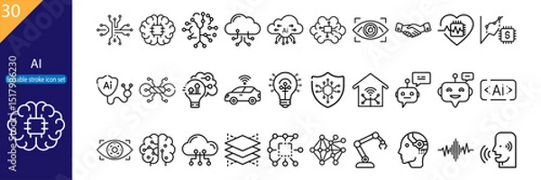 Fototapeta This collection features 30 unique line icons representing various aspects of artificial intelligence and technology