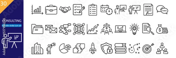 Fototapeta Set of 30 line icons related to consulting, business, strategy, analysis, teamwork, communication, productivity, Editable stroke. Vector illustration