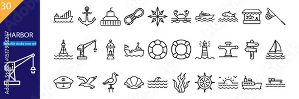 Fototapeta Set of 30 line icons related to harbor, maritime, boats, lighthouses, nautical, relaxation, marine activities, Editable stroke, Vector illustration