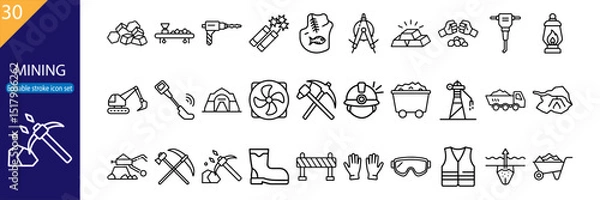 Fototapeta Set of 30 line icons related to mining, excavation, tools, machinery, safety gear, and mineral extraction. Editable stroke. Vector illustration