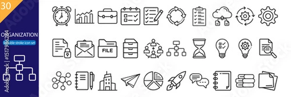 Fototapeta Collection of 30 line icons showcasing organizational themes like time management, teamwork, data storage, and analytics