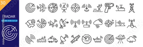 Fototapeta 30 line icons featuring radar, tech, communication, navigation, and signals. Editable stroke, vector illustration