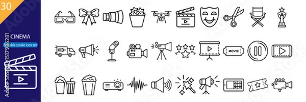 Fototapeta Set of 30 line icons representing cinema, movie production, entertainment, filmography, awards, editing, and creativity in vector format
