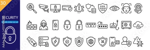 Fototapeta Set of 30 line icons related to security, protection, safety, digital, surveillance, lock, padlock, data, editable stroke, vector illustration