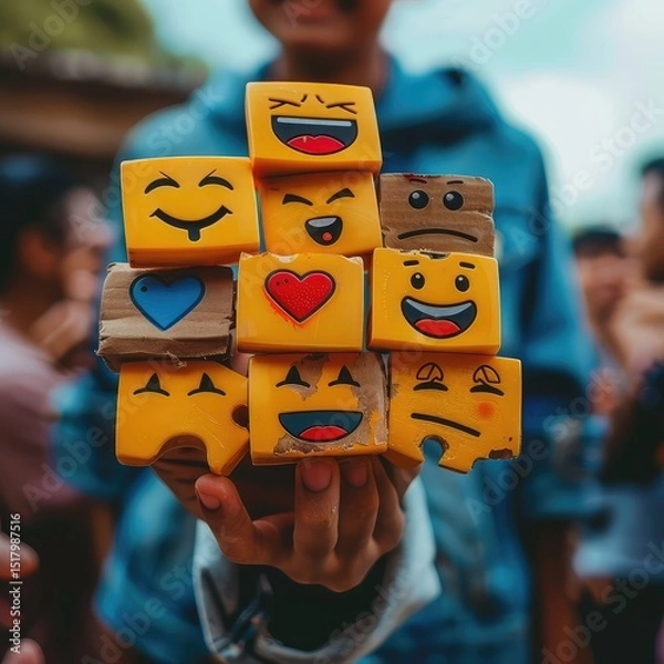 Fototapeta Creative illustration of online trend symbols such as memes, hashtags, and viral emojis, representing digital culture and internet expression. AI generated illustration.