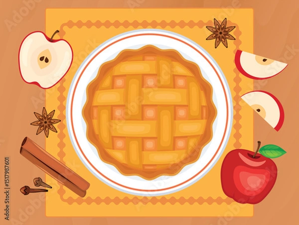 Fototapeta Lattice apple pie on a plate top view vector illustration. Round sweet pie, apples, cinnamon and spices on a wooden table above view vector. Whole latticed apple pie on the table drawing