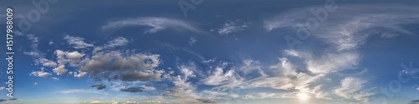 Fototapeta Seamless cloudy blue sky hdri panorama 360 degrees angle view with zenith and beautiful clouds for use in 3d graphics or game development as sky dome or edit drone shot