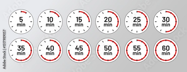 Fototapeta Clocks icons with different minutes. Round stopwatch chronometer deadline. Timers countdown set. Vector illustration. Flat design. Cooking indicators on white background.
