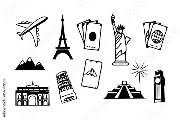 Fototapeta Travel icon set airplane eiffel tower statue of liberty