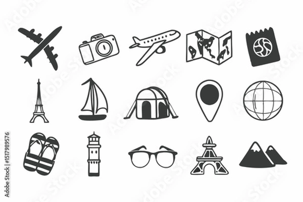 Fototapeta Travel icons set airplane camera map passport eiffel tower