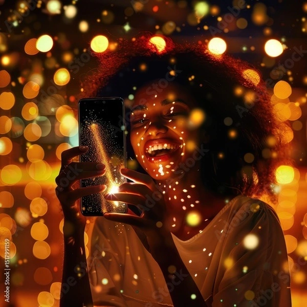 Fototapeta Smartphone frame displaying a joyful moment captured with vibrant colors, candid expressions, modern digital photography style highlighting happiness and social connection. AI generated illustration.