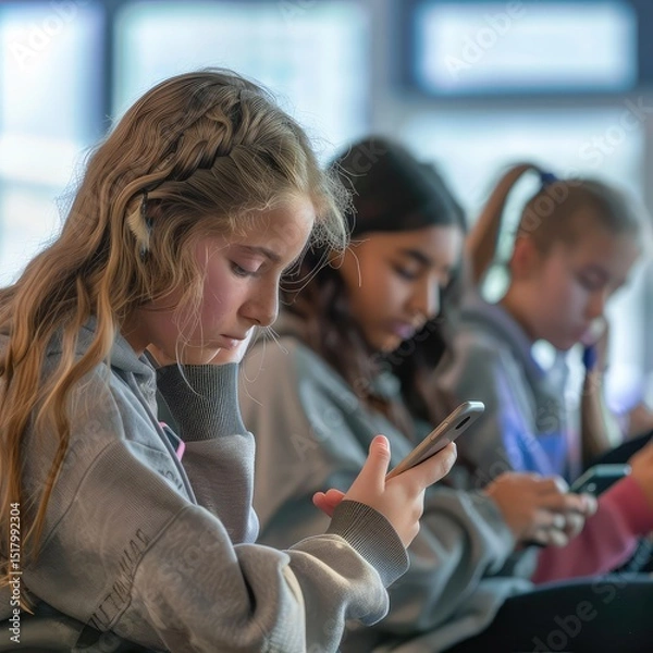 Fototapeta Social media use in classroom with students on phones, illustrating modern learning, digital engagement, and technology integration in education environment. AI generated illustration.