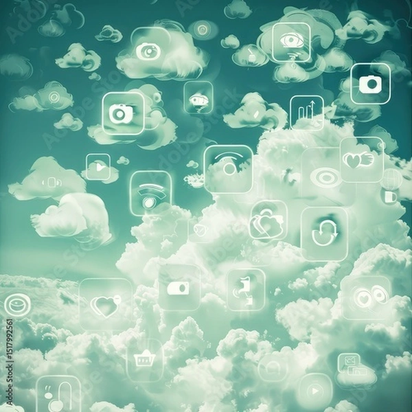 Fototapeta Social media-themed mobile wallpaper with colorful icon clouds, vibrant digital art for phones and devices, modern design for tech lovers and social network users. AI generated illustration.