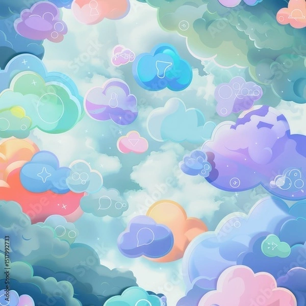 Fototapeta Social media-themed mobile wallpaper with colorful icon clouds, vibrant digital art for phones and devices, modern design for tech lovers and social network users. AI generated illustration.